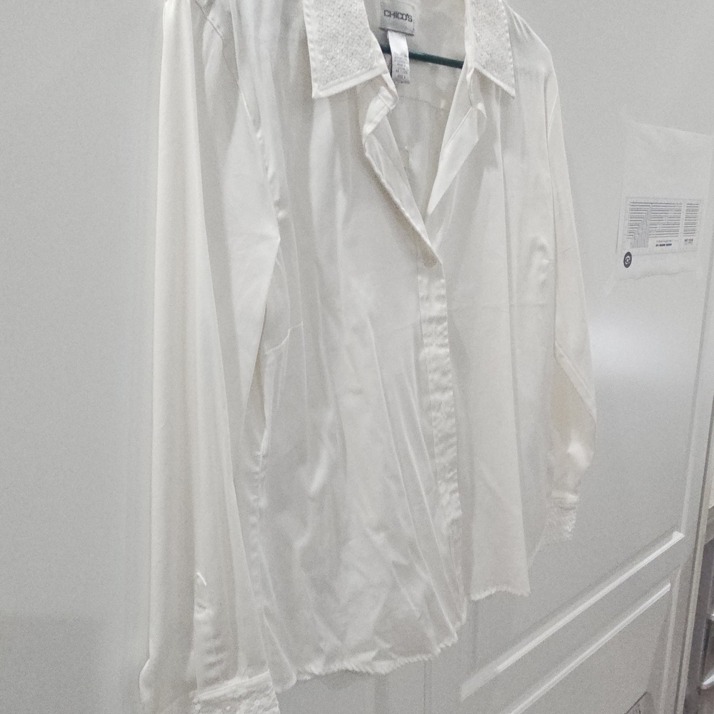 Chico's Elegant White Dress Shirt, with Sequined collar and cuffs, Size 2, NWT